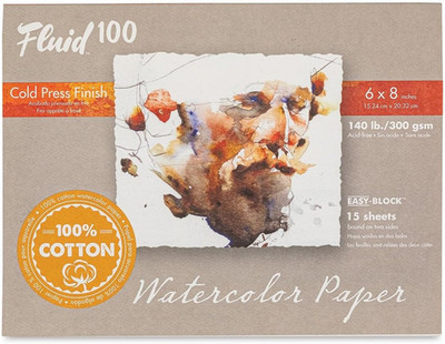 Fluid 100 Watercolor Paper Block, 6 X 8 Inches, 15 Sheets. 140 Lb (300 GSM) 100%