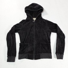 Y2K Juicy Couture Hoodie Youth Medium Black Velour Full Zip Jacket USA Girls