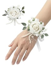 White Rose Corsage And Boutonniere Prom Wrist Set For Wedding Prom Party