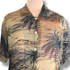 Vintage 90s Citron Santa Monica Top Silk Tropical Scenic Semi Sheer Shirt Medium