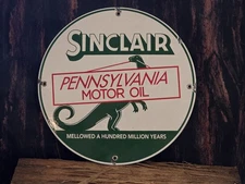 VINTAGE SINCLAIR OIL PORCELAIN GAS STATION FUEL PUMP DOOR SIGN 5" PENNSYLANIA.