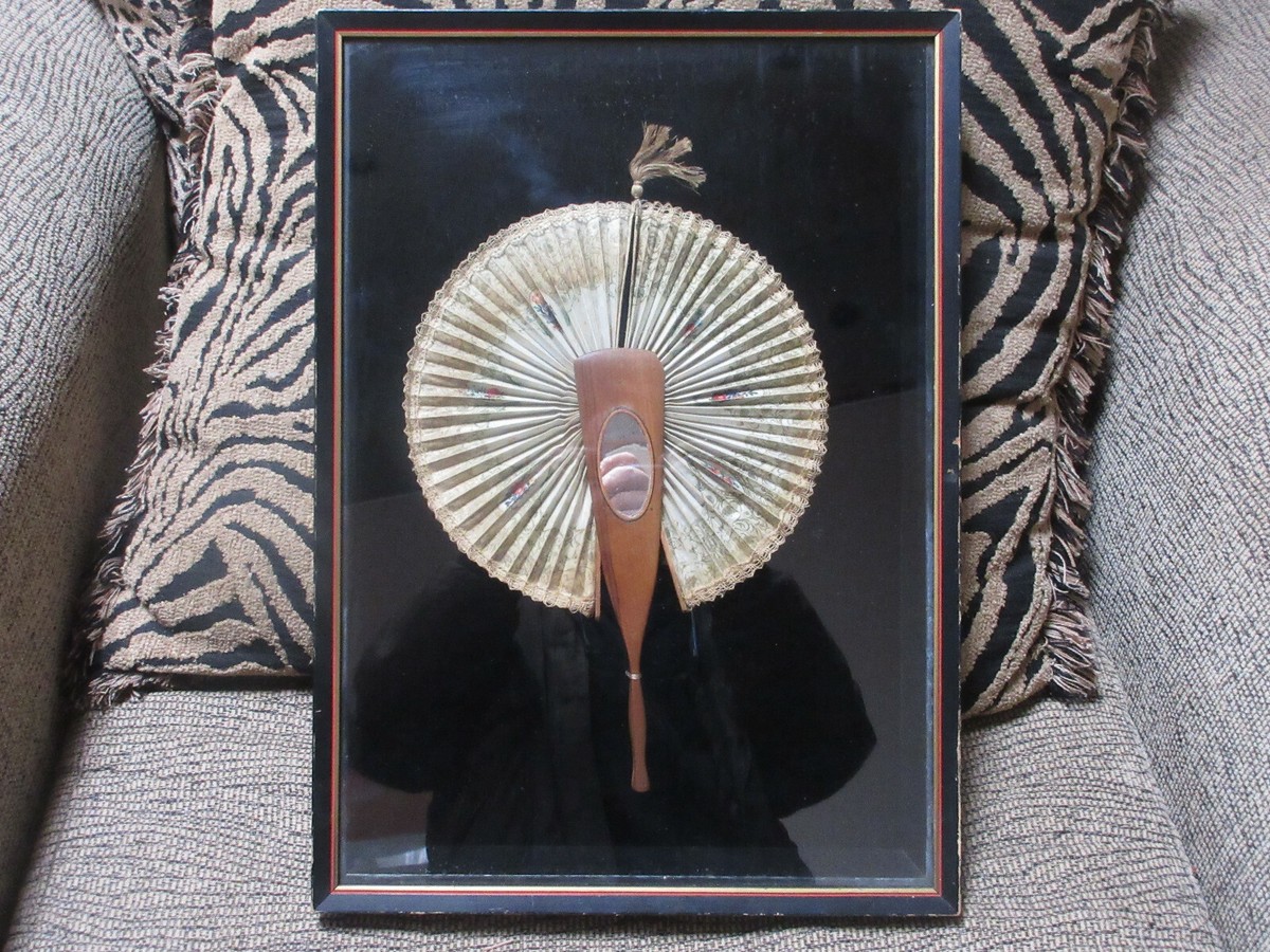 Antique Ornate Victorian Ladies Flirt Fan Shadow Box Frame Peep