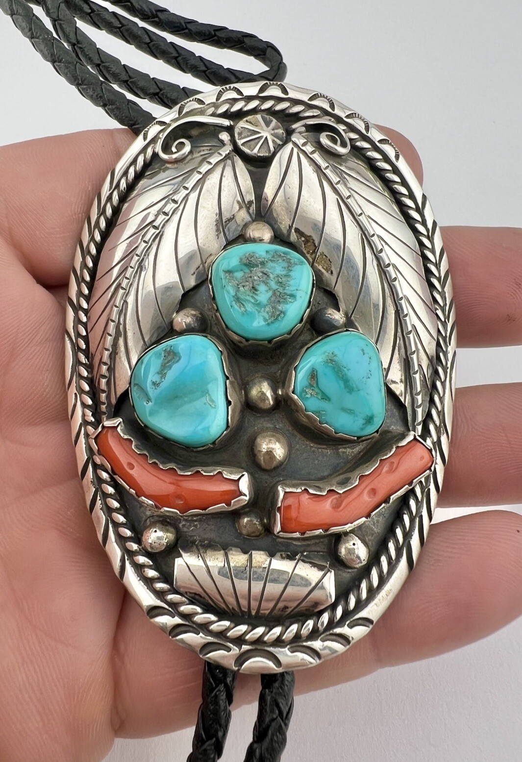 Vintage Navajo Sterling Silver Kingman Turquoise & Red Coral Bolo Tie 3 ...