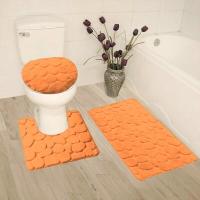 NEW 3PC SET BATH MAT RUGS LID COVER SUPER SOFT MEMORY FOAM CUSHION COMFORT ROCK
