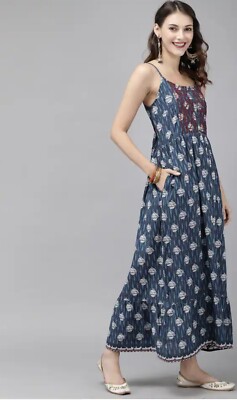 knee length dresses for ladies indian cotton blue- pink floral block printed women's maxi dress