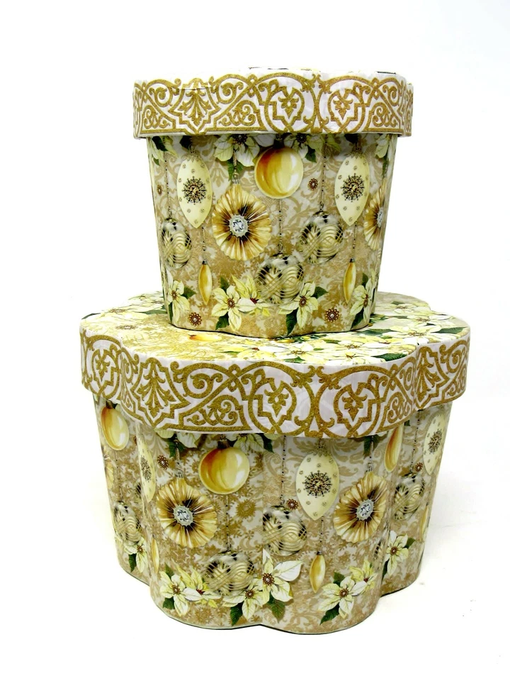 2 Punch Studio Fluted Round Christmas Boxes Golden Glow Tree Scallop Box 52275 - Image 2 of 4