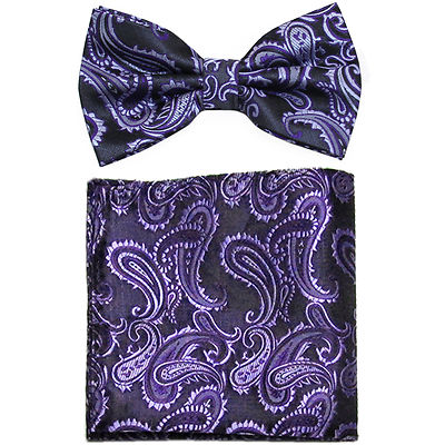 New formal Men's micro fiber Pre-tied Bow Tie & Hankie black purple paisley prom