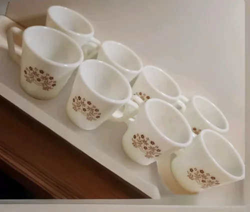 Pyrex Summer Impressions Brown Flower Coffee Cup Mug Vtg 8pc Set D Handle