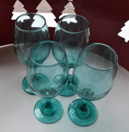 1 ~ LIBBEY Water Wine Goblet Glass Aqua/Teal Smooth Stem 8 1/8" Vintage MCM - Picture 4 of 5