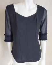 ATSURO TAYAMA INDIVI 40 Top Black Mesh Sheer Panel Ruffle Sleeve Japan