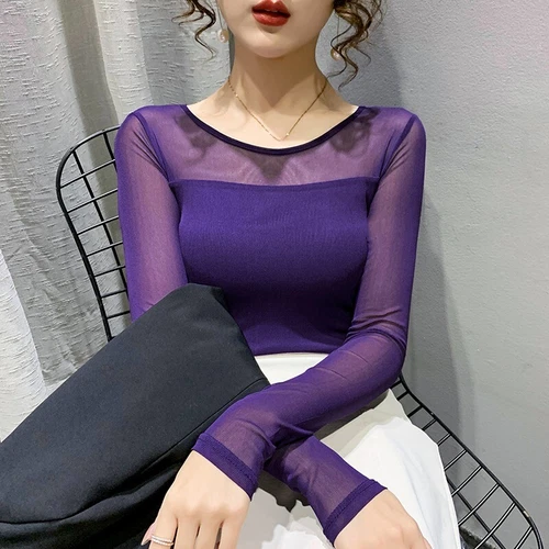 Damen Netz Spleißen Shirt durchsichtig Langarm schmale Basis T-Shirt Tops Unterteil Bluse - Bild 20 von 28