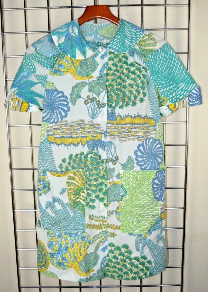 Винтажная ночная рубашка размер S/M 60-е зеленые желтые синие завитки калейдоскоп передние защелки - Изображение 3 из 4