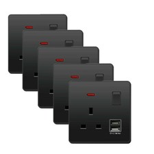 Single Wall Plug Socket 13A w/ 2 Charger USB Ports Outlets Flat Plate Black UK