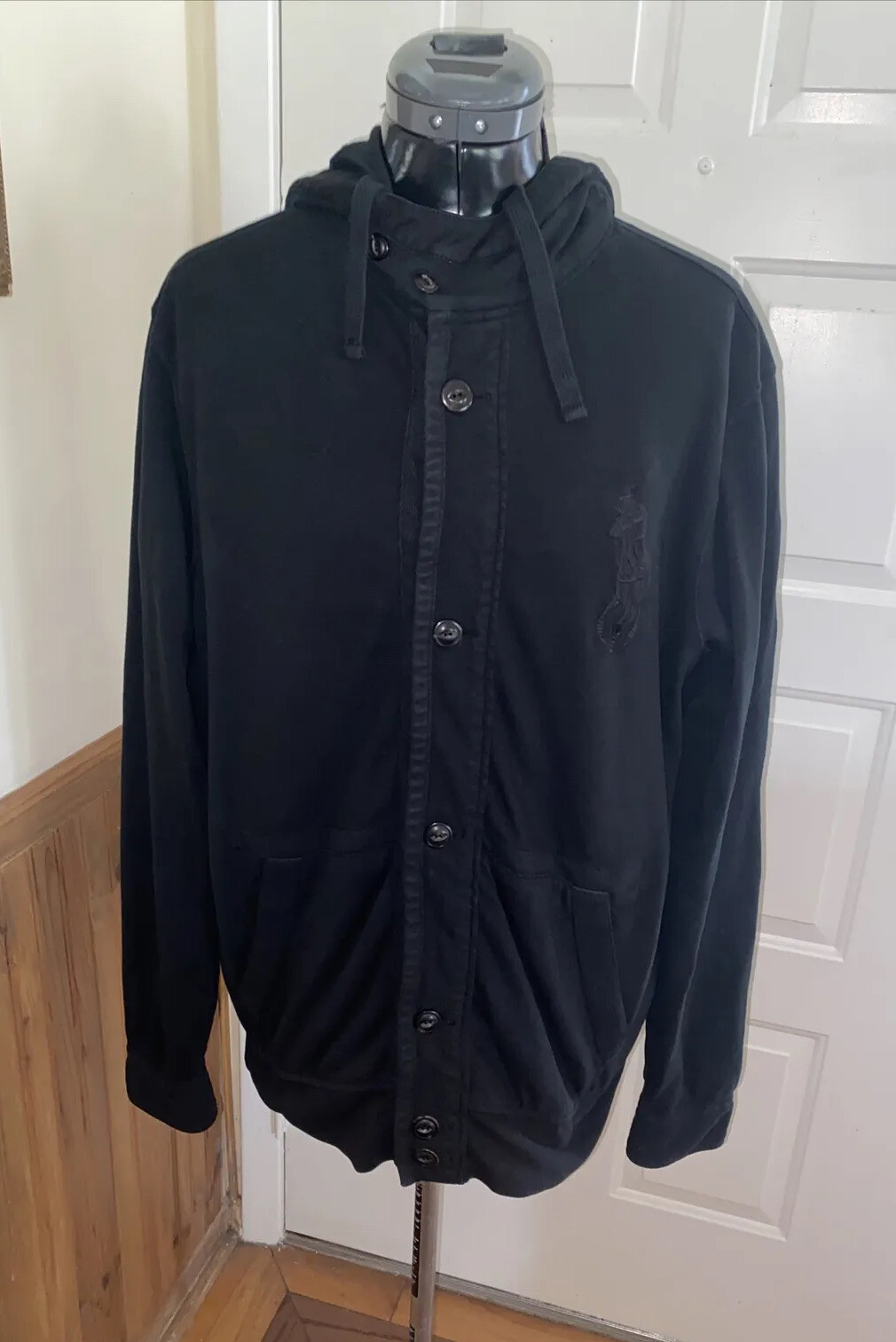 Polo Ralph Lauren felpa con cappuccio giacca donna media grande pony nero cotone bottoni davanti