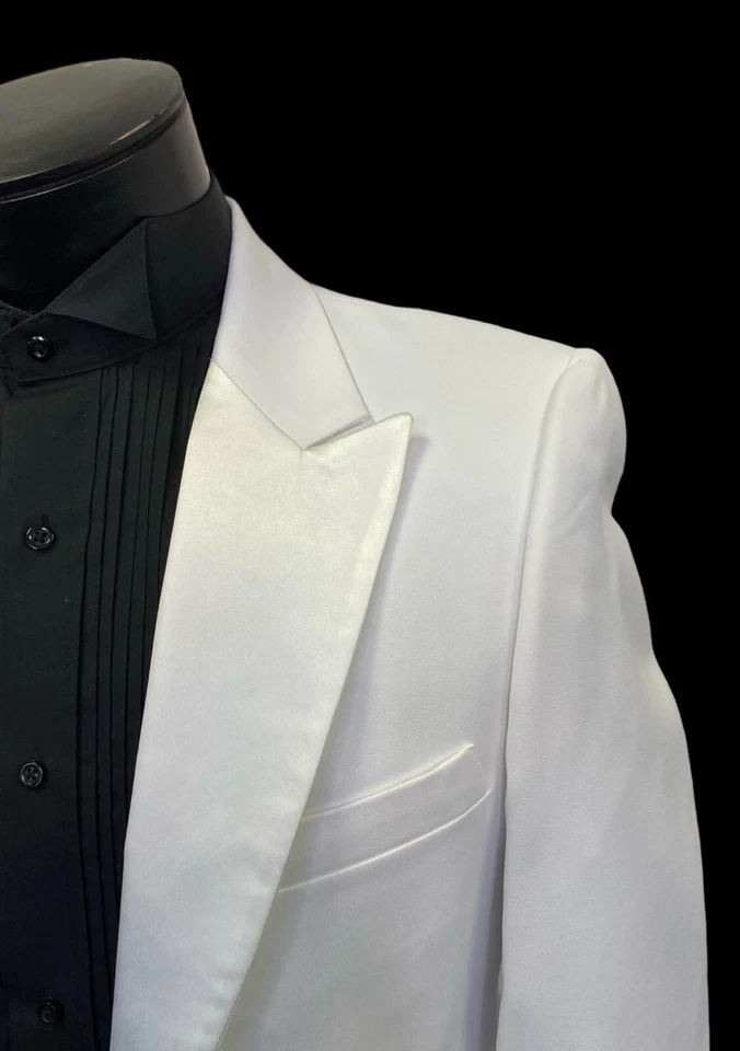 Abrigo Esmoquin Blanco Para Hombre con Solapas de Satén - Fácil Cuidado Boda Baile de graduación Corbata Negra Foto 3 de 4