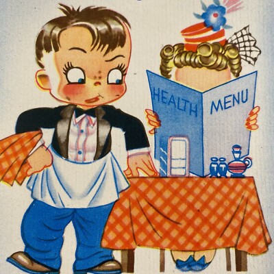 Vintage Greeting Card Get Well Cute Boy Waiter Blonde Girl With Menu Restaurant