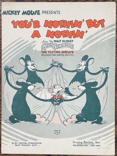 early DISNEY ANIMATION sheet music THE FLYING MOUSE from SILLY SYMPHONY ~ 1934