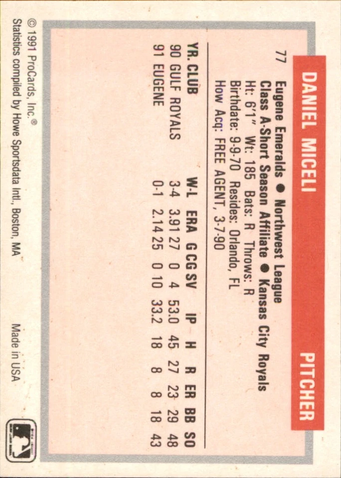 Dan Miceli 1991-92 ProCards Tomorrow's Heroes #77 RC Eugene Emeralds - Image 2 of 2