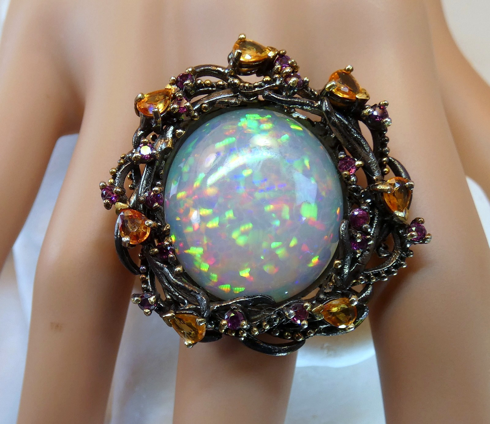 HUGE 17CT Ethiopian Welo Opal Citrine Sterling Silver Ring SZ 8 OOAK Statement image 2