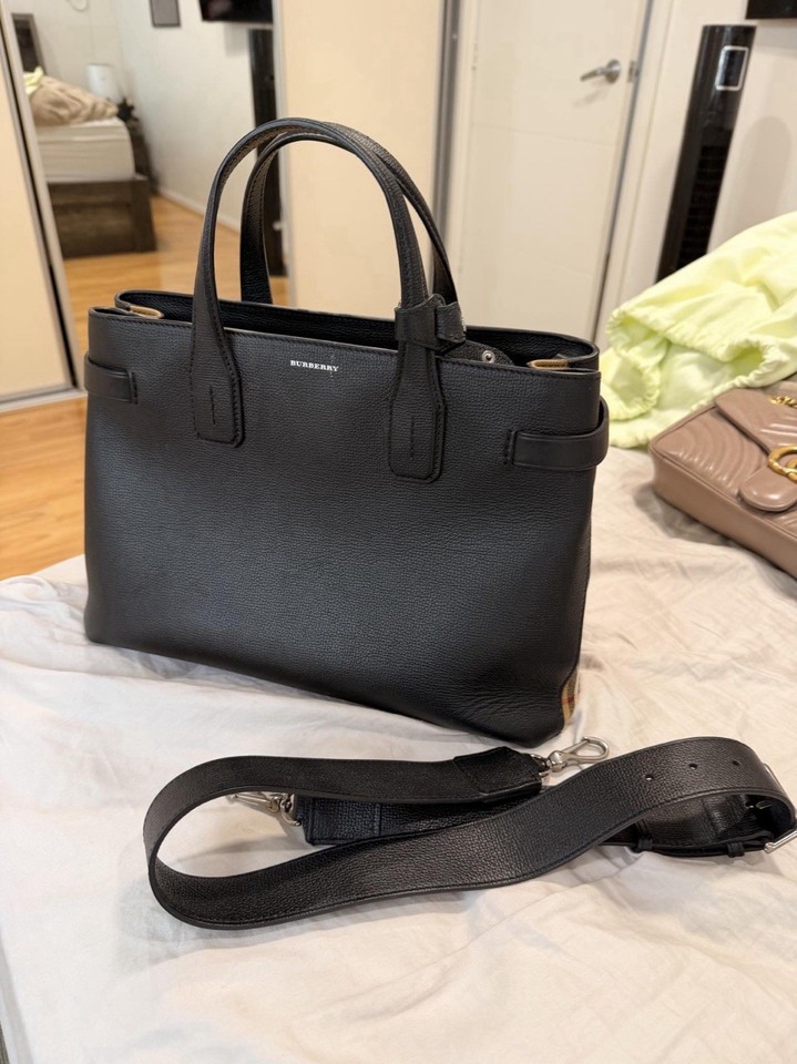 Burberry Black Leather Tote Bag Nova Check Sides Top Handle Detachable Strap