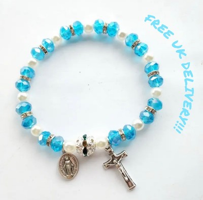 Kristall Strass blau Rosenkranz Perlen Armband mit Kreuz religiös christlich