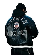New Men's Avirex X London Real Leather Bomber Varsity Jacket Black Biker Coat