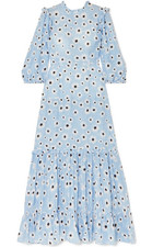 New Rixo London Monet Blue Leopard Daisy Midi Tiered Dress Size M
