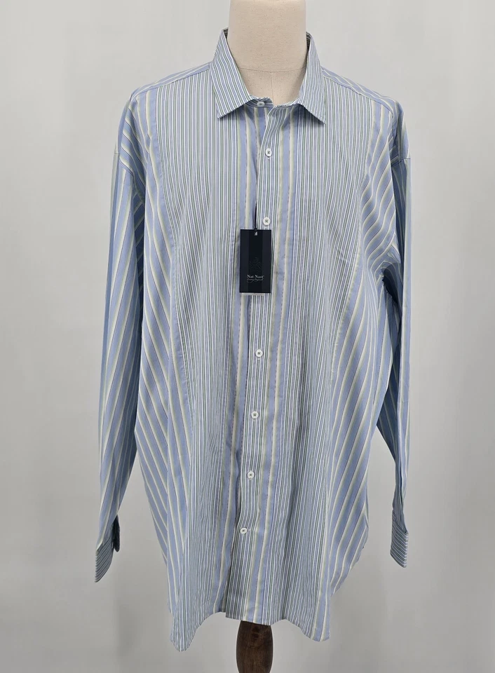 Nat Nast Dress Shirt NEW Striped Blue Green White 4XT - Image 3 of 4