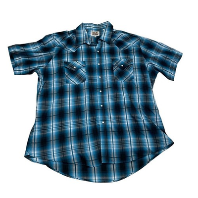 #ad Ely Cattleman men’s western plaid shirt blue short sleeve pearl snap 2Xl Cowboy $10.94