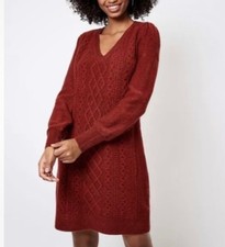 LOFT Maroon Cable Knit Sweater Dress V-Neck Balloon Sleeve Size XS Petite