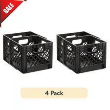16 QUART Plastic Heavy-Duty Plastic Square Milk Crate Black, Original ( 4 pack )