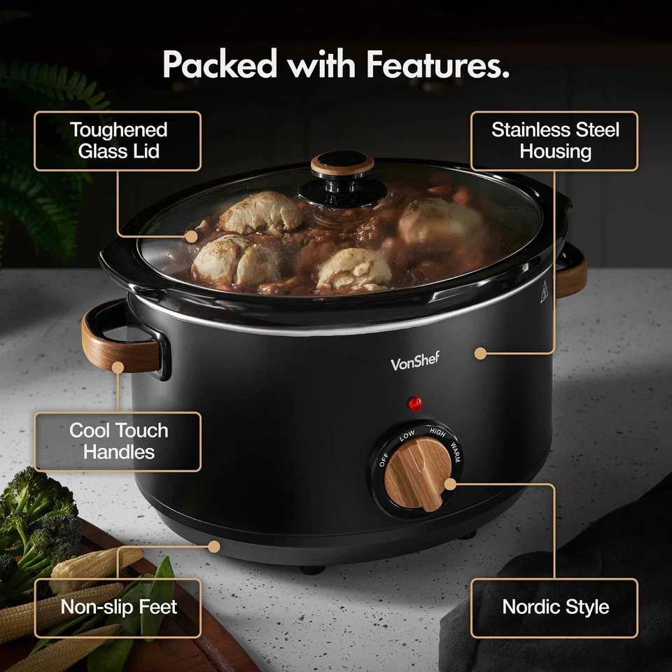 VonShef Slow Cooker 6.5L - Removable Non-stick Ceramic Bowl & Tempered Glass Lid - Image 4 of 4