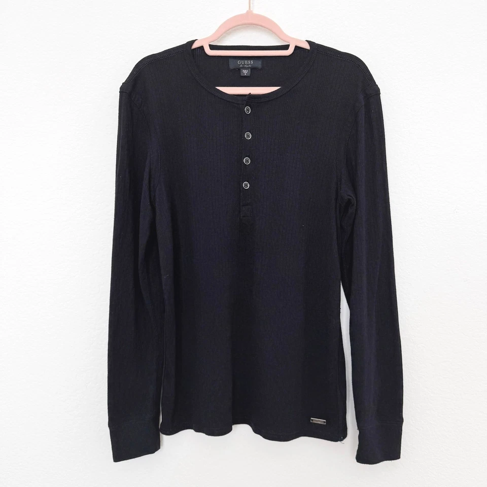 Guess Mens Henley Shirt Size S Black Long Sleeve Ribbed Minimalist Casual Street - Image 2 of 4