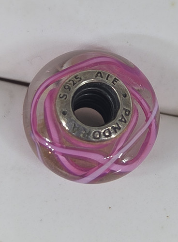 Pandora Pink Ribbon of Hope Murano Glass Sterling Silver Charm w/ box
