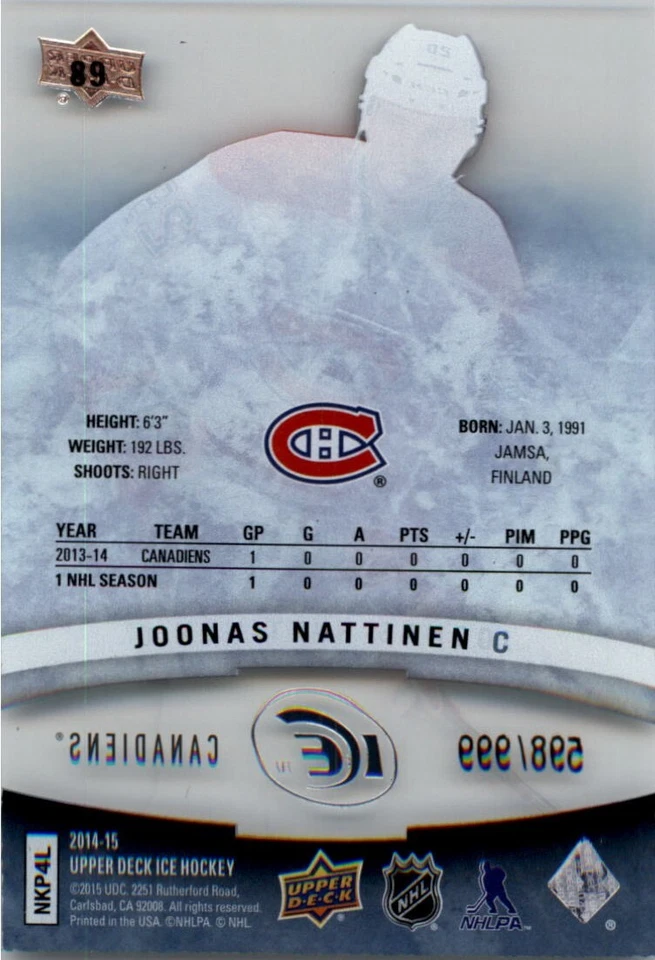 2014-15 Upper Deck Ice #89 Joonas Nattinen RC #598/999 - NM-MT - Image 2 of 2