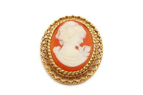 Vintage Kamee Brosche Pin Goldton Damen Gesicht H2