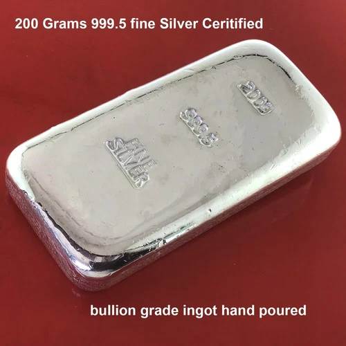 Silver Ingot Bar 200 Grams 999.5 Fine Grade Certified Bullion Hand Poured