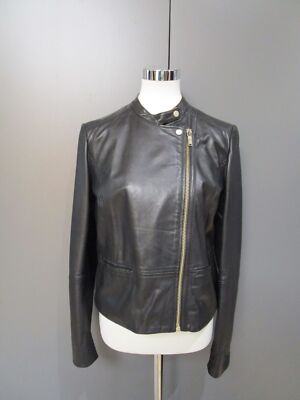 Massimo Dutti Lederjacke Schwarz Rundhals Taschen Gr L (M14-78