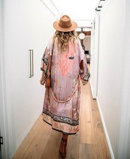 Retro Vintage Floral Print Kimono Maxi Duster Xl Cherry Blossom Dusty Pink Black