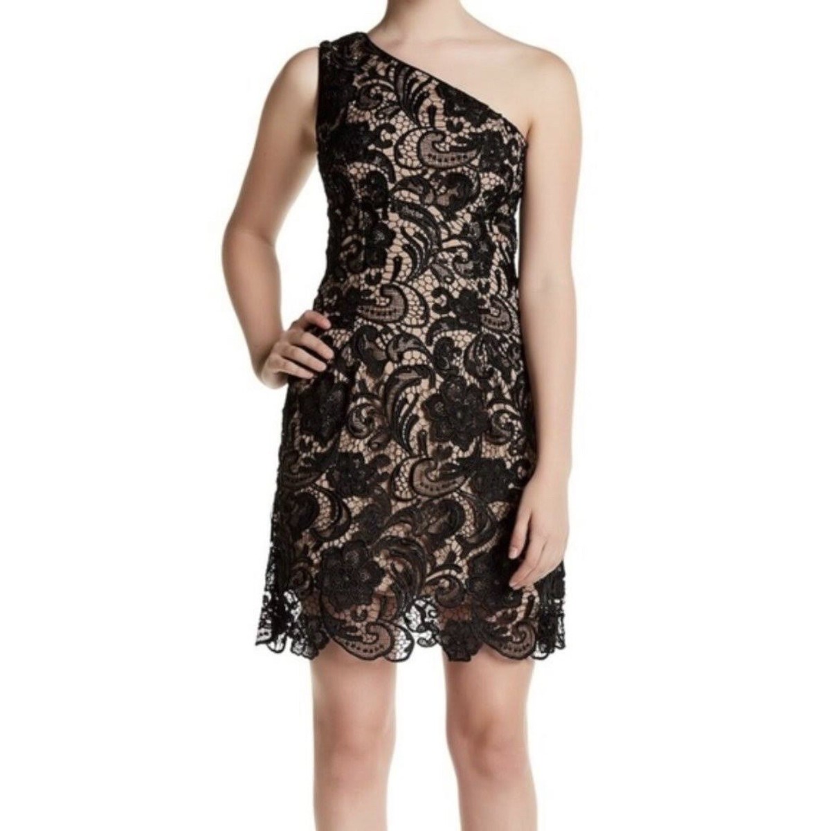 knee length dresses for ladies One-Shoulder Lace Detail Long Sleeve Dress with Scarf main image 1