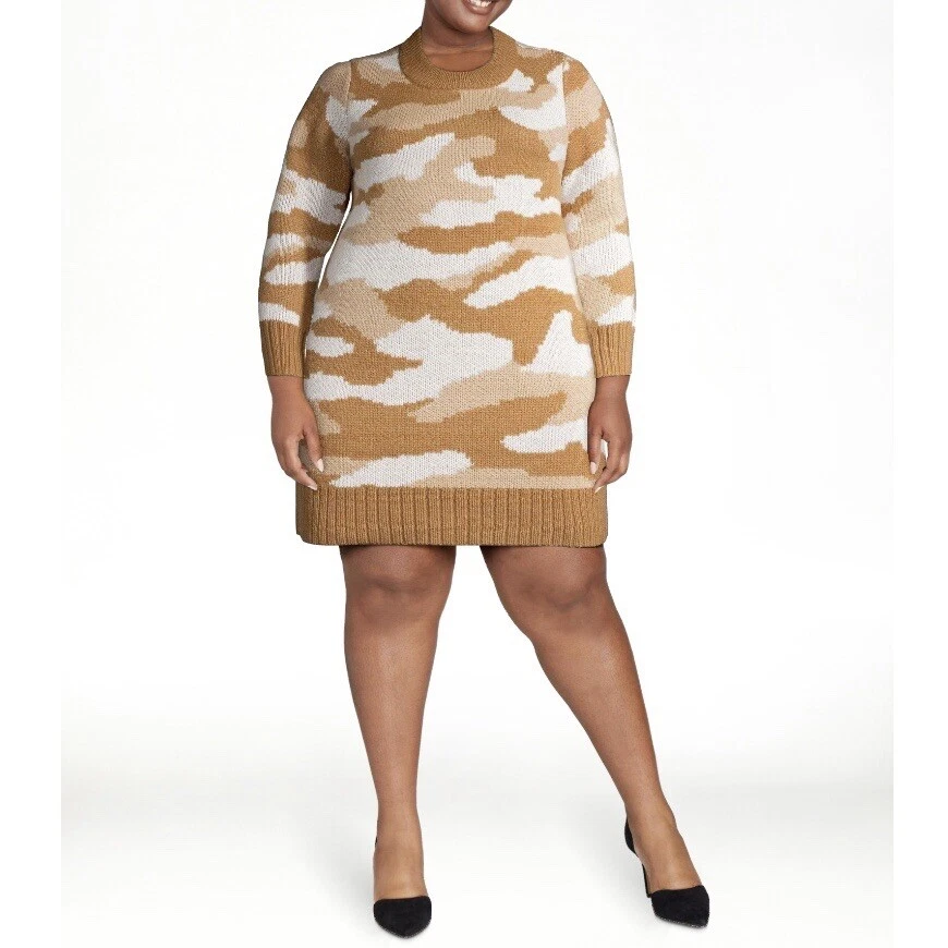 Jersey de punto vestido mujer XL 16/18 camuflaje túnica manga larga mini camel marrón NUEVO Foto 2 de 4