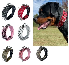 Dog Collar, Sharp Spikes Spike Rivet, Adjustable Faux Leather, 2" wide, S M L XL