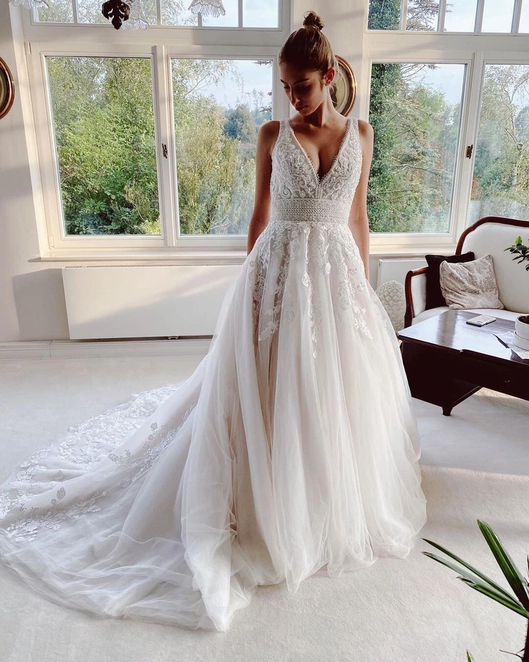 Träger Brautkleid Hochzeitskleid Elfenbein Weiß 32-60 V-Ausschnitt Perlen n.Maß - Bild 1 von 4