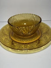 Vintage Indiana Glass Amber- Plate and Bowl Set