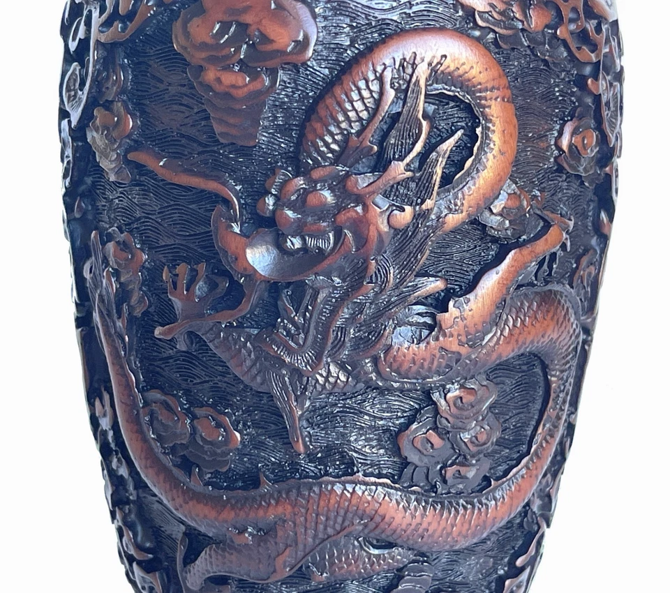 Jarrón chino cinabrio dragón resina escultural asiática oriental flor tarro 9,5" Foto 3 de 4