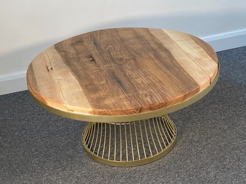 Pickford Grey Solid Olive Ash Wood & Gold Metal 90cm Round Pedestal Coffee Table - Picture 8 of 15