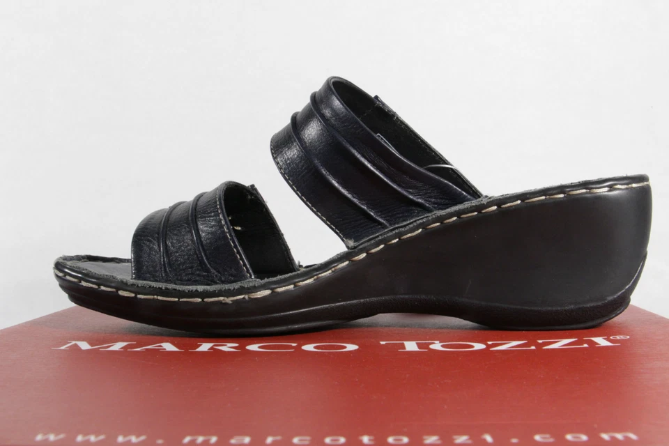 Sandalias Mules Marco Tozzi Mujer Cuero Genuino Azul ¡NUEVAS! Foto 3 de 4