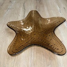Vintage Amber Mudpie Glass Art Starfish Serving Dish Pebbled Brown 13” Grandma