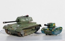 Vintage Set of Two Tin Toys: Large Tank Army M-3512 and Jaguar X-77 Tank, Japan