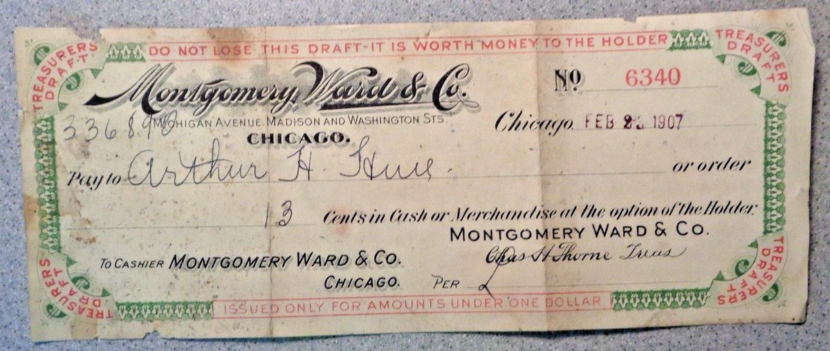 1907 MONTGOMERY WARD TREASURERS DRAFT Check Chicago antique